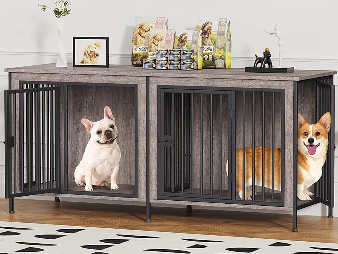 EasyCom 63" Dog Cage Furniture for 2 Pets with Divider, XL Wooden Double Dog Crate Furniture TV Stand for Mideum Breed, Durable and Sturdy-PurrikoPets