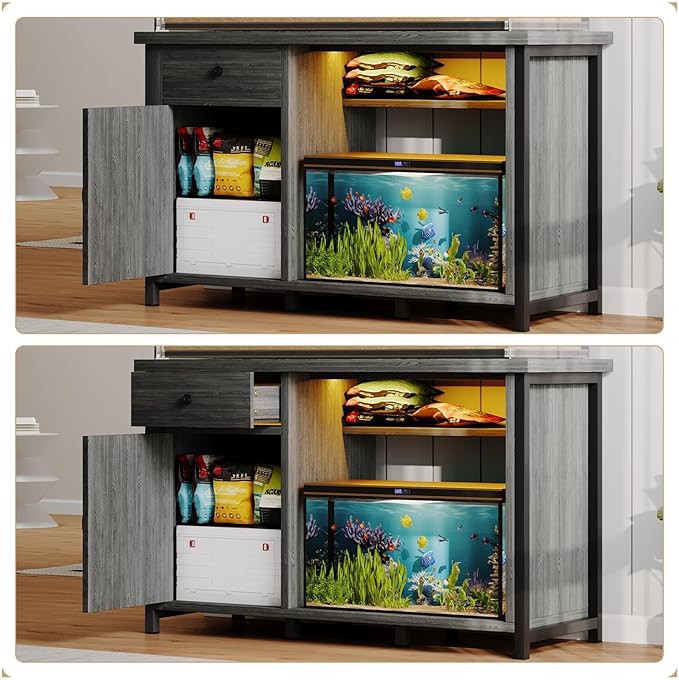 4ever2buy 55 Gallon Fish Tank Stand with LED Light & Power Outlets, 55-75 Gallon Aquarium Stand with Drawer & Barn Door, Cabinet for Fish Tank Accessories Storage for Reptile Tank, Turtle Tank, Gray-PurrikoPets