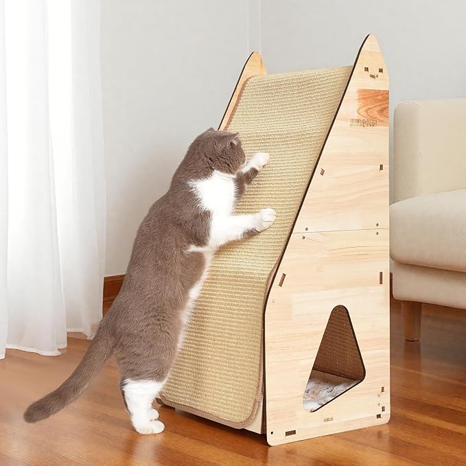 32in Cat Scratching Posts for Indoor Cats: Replaceable Sisal Mats & Sturdy 3D Wood Frame, Integrated Cat Condo, Hideout, Tunnel, All-in-One Space Saver for Multi-Cat & Budget-Friendly Homes-PurrikoPets