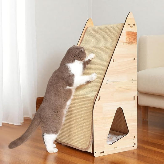 32in Cat Scratching Posts for Indoor Cats: Replaceable Sisal Mats & Sturdy 3D Wood Frame, Integrated Cat Condo, Hideout, Tunnel, All-in-One Space Saver for Multi-Cat & Budget-Friendly Homes-PurrikoPets