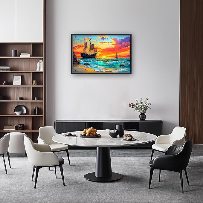 Framed Large Ship Wall Art for Living Room, Oversized Coastal Beach Boat Wall Decor Nautical Seascape Sailboat Canvas Painting Modern Artwork Home Decoration for Living Room Bedroom 36"x24"-PurrikoPets