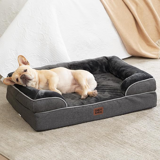 EHEYCIGA Orthopedic Dog Bed for Medium Dogs, Waterproof Memory Foam Medium Pet Beds with Sides, Non-Slip Bottom and Egg-Crate Foam Dog Couch Bed with Washable Removable Cover, Dark Grey-PurrikoPets