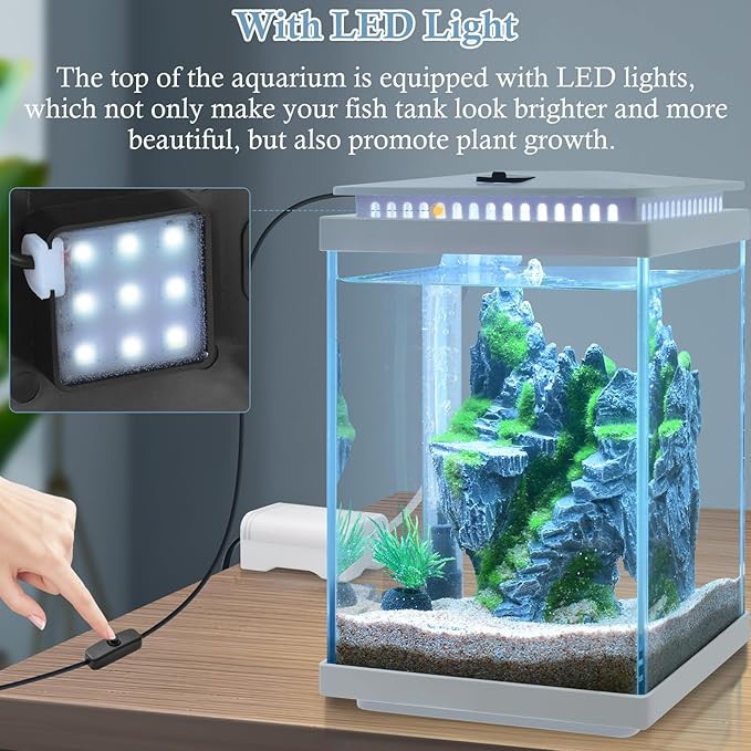 FEDOUR Small Glass Aquarium, 1 Gallon Desktop Fish Tank, Betta Fish Tank, Mini Aquarium Starter Kit with Air Pump LED Light Decoration Water Changer Fish Net (White)-PurrikoPets
