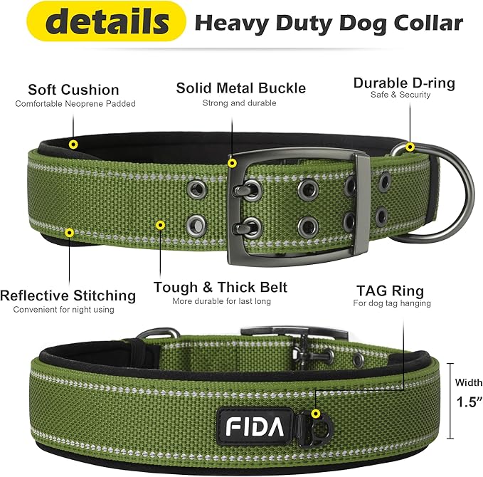 Fida Heavy DutyDog Collar for Large Dogs, Ultra Comfortable Soft Neoprene Padded, Adjustable Reflective Nylon Pet Collar with Durable Metal Belt Buckle for Extra Large Breeds(XL, Green)-PurrikoPets