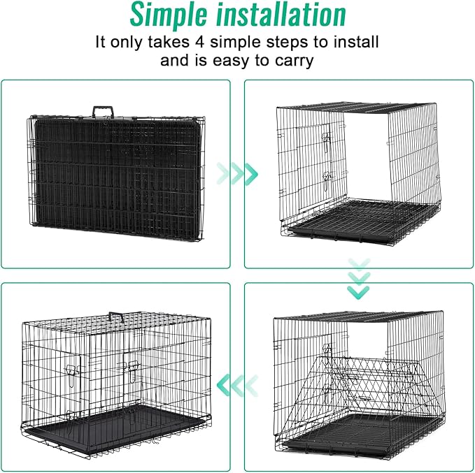 FDW Dog Crate for Large Dogs 42 Inch Folding Metal WirePet Cage Double Door W/Divider Panel Indoor Outdoor Kennel Leak-Proof Plastic Tray,Black-PurrikoPets