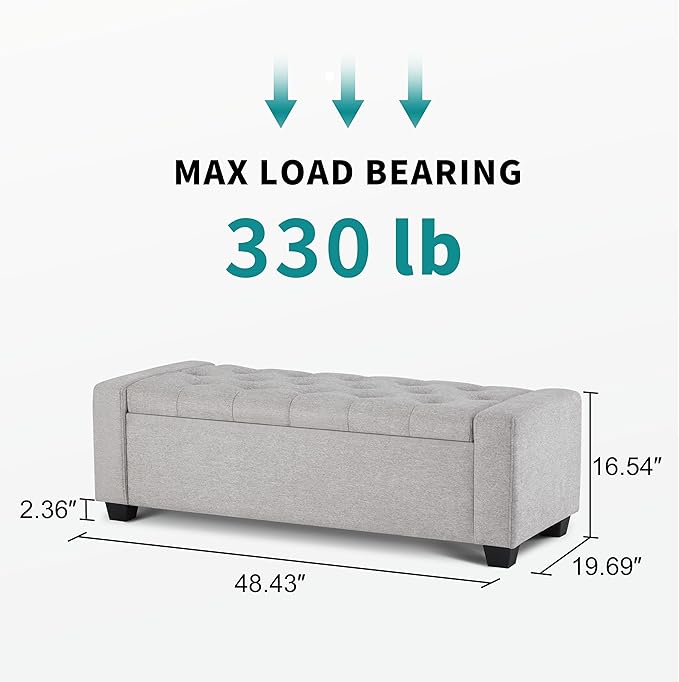 48" Ottoman with Storage, Storage Ottoman Bench with Safety Hinge, Upholstered Entryway Bench with Seating for Bedroom, Living Room, Holds up to 330 lb(Light Gray)-PurrikoPets