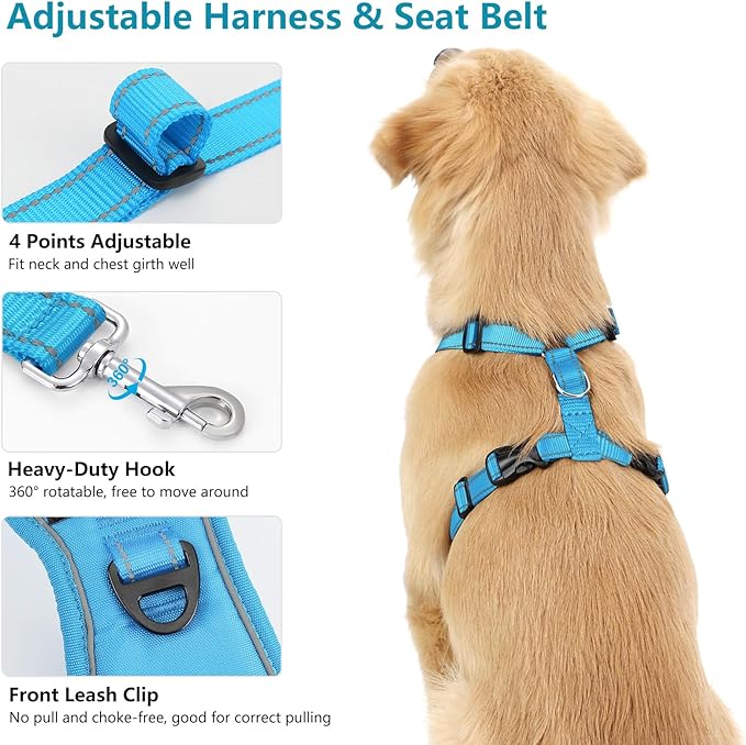 Dog Seat Belt Harness for Car, Dog Car Harness Adjustable Mesh Breathable & Dogs Seatbelt Safety Tether with Elastic Bungee for Small Medium Large Pets(Blue, L)-PurrikoPets
