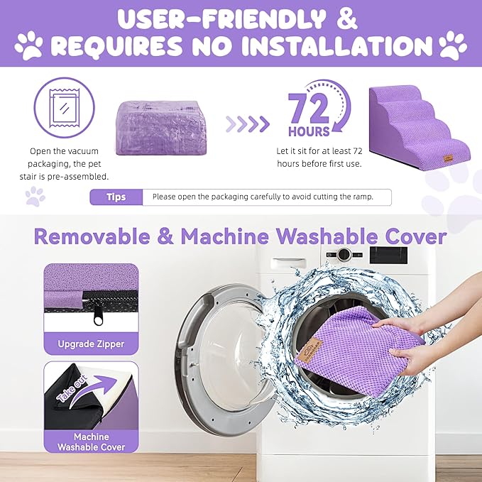 Dog Ramp and Stair for Bed 16" H-20 H,3-Step Cat Stair for Sofa and Chair,4-Step Dog Ramp for High Bed and Window,Durable Nonslip Fabric Cover for Indoor (Purple-20 H, Pet Friendly, 4)-PurrikoPets