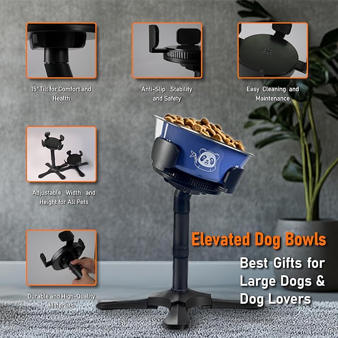 Adjustable Elevated Dog Bowl Stand with Non-Slip Base - 3 Height & Tilt Settings, Fits 14-24.5cm Bowls, Raised Stainless Steel Dish for Large Breed, Medium & Small Dogs, Cats-PurrikoPets