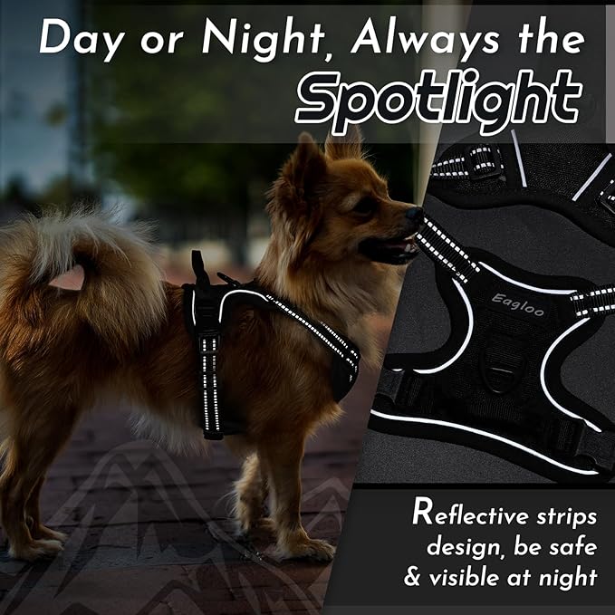 Eagloo Small Dog Harness No Pull, Service Vest with Reflective Strips and Control Handle, Adjustable and Comfortable for Easy Walking, No Choke Pet Harness with 2 Metal Rings, Black, XS-PurrikoPets