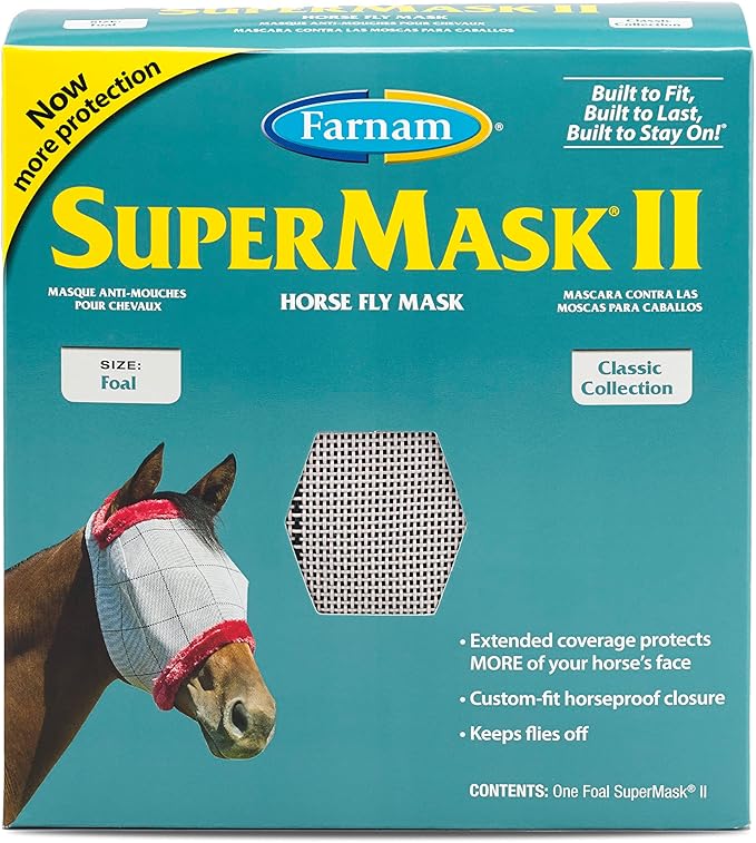 Farnam SuperMask II Fly Mask Without Ears for Foals, Full Face Coverage and Eye Protection from Insect Pests, Structured Classic Styling Mesh with Plush Trim, Foal Size-PurrikoPets