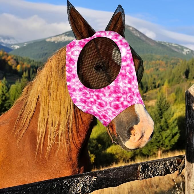 Frienda 4 Pieces Horse Fly Masks with Ears Face Covering UV Protection from Insect Pests Elasticity Smooth Comfortable Mesh Horse Mask Accessories(Tie-dye,Medium)-PurrikoPets