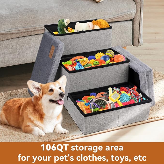 Dog Stairs with Furry Lids 18" H, 3-Step Wider Dog Steps with Storage for Small/Medium/Large Old Dogs Cats, Folding Sturdy Pet Stairs Climbing Bed Couch, Ramp for Car Hold Up to 200 lbs, Grey-PurrikoPets