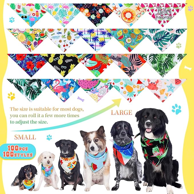 100 Pcs Hawaiian Dog Bandanas Bulk Pet Bibs Colorful Triangle Scarf Pet Bandanas for Medium Large Dogs Hawaiian Summer Luau Party Birthday Costume Decor-PurrikoPets