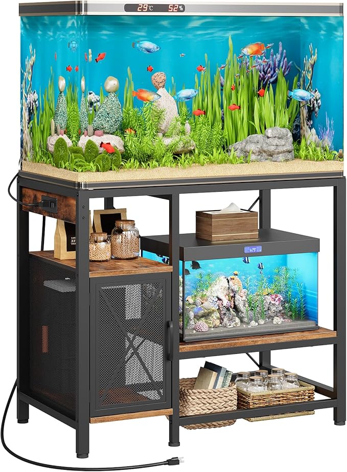 40-50 Gallon Fish Tank Stand, Aquarium Stand with Power Outlet and Storage Cabinet, Heavy Duty Tank Stand Suitable for Turtle Tank, Reptile Terrarium, for Home Office, Rustic Brown FTHR50E01-PurrikoPets