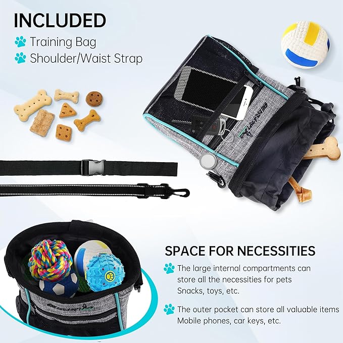 Dog Treat Pouches Training Walking Bag with Shoulder Strap, Large Space for Pets Food, Polyester Fabric, 3-Way Wearing Design, Portable Pet Bagand Easy to Clean, Black with Grey-PurrikoPets