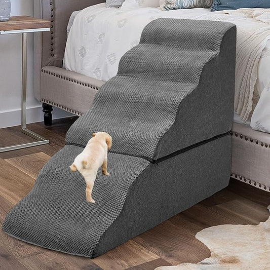 Dog Steps for High Beds 30-32" H - 6-Step Dog Stairs for Small Dogs, 33D Foam Pet Steps for High Bed with Non-Slip Bottom and Washable Cover, Dogs Ramp for Bed Indoor, Dark Grey-PurrikoPets