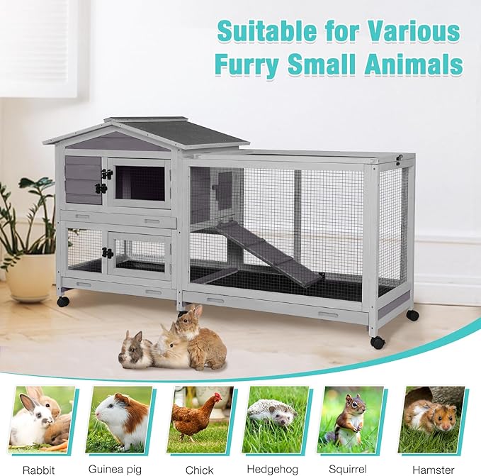 62" Rabbit Hutch with Chew-Proof Ramp & Waterproof Roof - Indoor/Outdoor Bunny Cage, 2-Story Design, 6 Lockable Caster Wheels & Dual Pull-Out Trays (Grey)-PurrikoPets