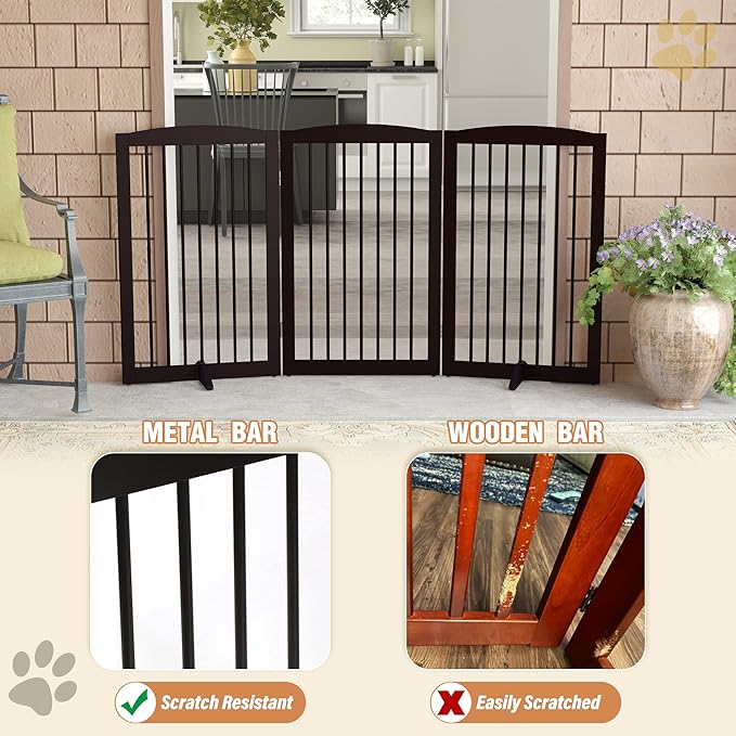 Freestanding Pet Gate for Dogs, Foldable Wooden Dog Gate for House Indoor, Tall Pet Fence for Stair, Doorway,Hall, Support Feet Included, 3 Panels 32",Brown-PurrikoPets