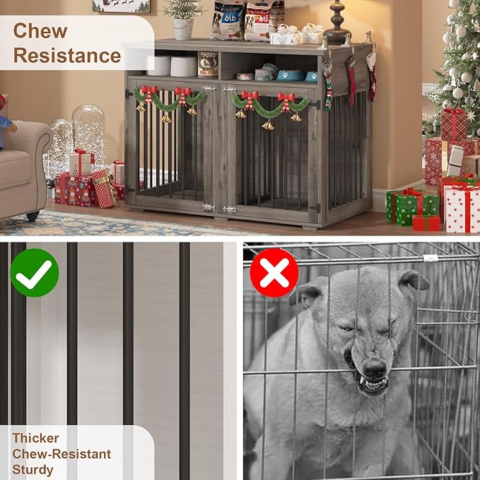 Furniture Dog Crate for 2 Dogs, 41 Inch Dog Kennel Furniture with Removable Divider and Shelf Storage, Wooden Dog Crate for Small/Medium Dogs, Grey-PurrikoPets