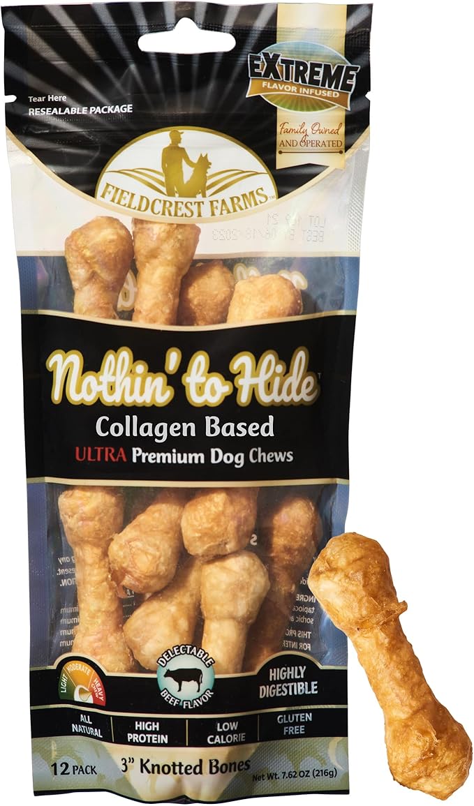 Fieldcrest Farms Nothin' to Hide 3 inch Ultra Knotted Bone Treats - Natural Rawhide Alternative Treats for Dogs, Collagen Based Snack for Heavy Chewers up to 15lbs - Beef Flavor, 12 Pack-PurrikoPets