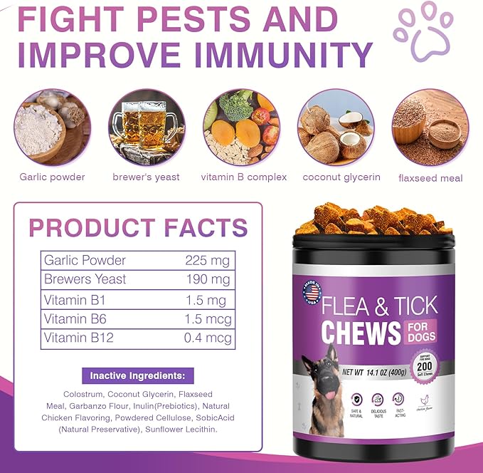 Dog Flea and Tick Treatment Chewable 200 Treatment Chews Natural Soft Chew Fleas Ticks Treatment Dog Oral Chewables Support Supplement Pest Defense Breeds and Ages Dogs Chicken Flavor-PurrikoPets