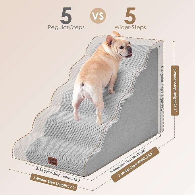 EHEYCIGA Curved Dog Stairs Ramp for High Beds, 5-Step Extra Wide Dog Steps for Small Dogs and Cats, Pet Stairs for High Bed Climbing, Non-Slip Balanced Pet Step Indoor, Light Grey-PurrikoPets
