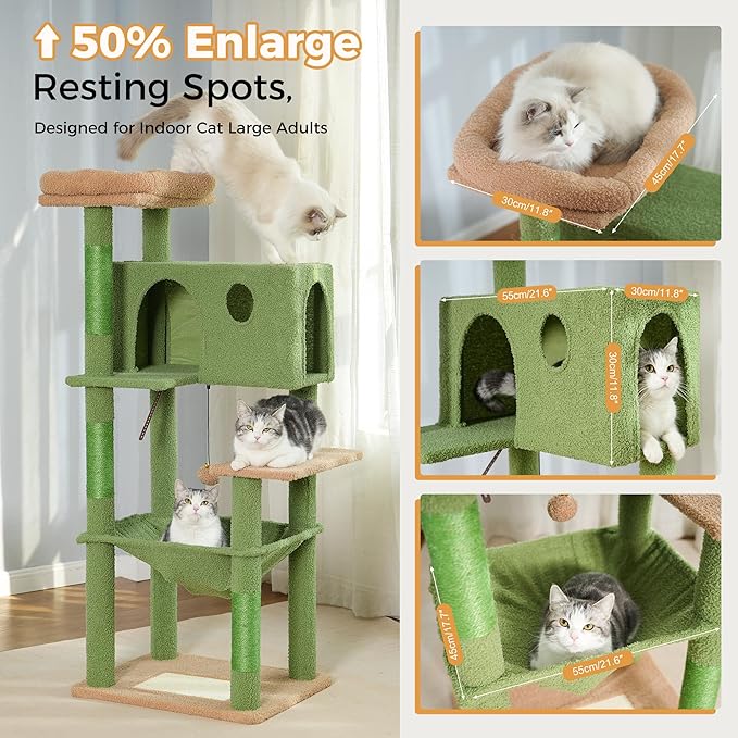 54” Cat Tree for Large Cats Big Cat Tower with Enlarged Hammock 21.6x17.7” Spacious Cats Condo House, Roomy Top Bed,Multiple Scratch Posts and Pad for Indoor Adult Cats (Green, Large-54)-PurrikoPets