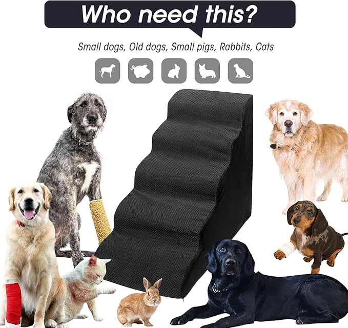 Dog Stairs&Steps for High Beds Up to 28'', 5-Step Dog Ramp for Small Medium Dogs with Washable Cover, Pet Steps for Cats to Get on Couch and Sofa, Durable Foam Ladders, 24.4" Tall, Black-PurrikoPets