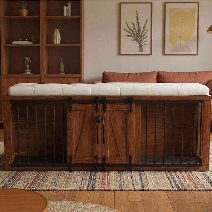 56" L Dog Crate Furniture with Padded Seat, End of Bed Bench Ottoman with Cushion, Wooden Dog Kennel with Pet Stairs & Sliding Barn Door for Bedroom, Living Room, Walnut-PurrikoPets