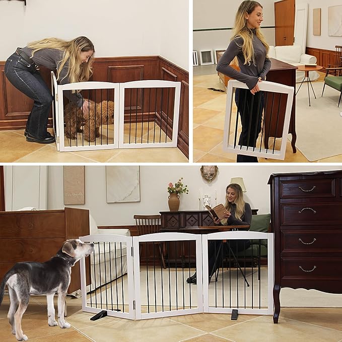 Foldable Wooden Freestanding Dog Gate - 32" H, 3 Panels, Stairs/Doorways, Support Feet Included, White-PurrikoPets