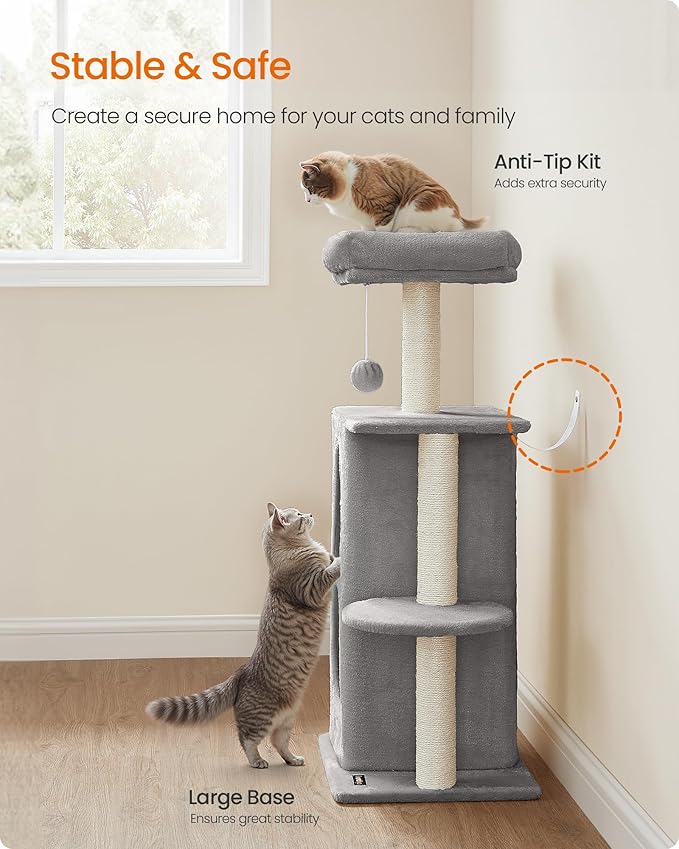 Feandrea Cat Tree Tower with 2 Caves for Multi-Cat Households, Kittens, Scratching Posts, Light Gray UPCT005G01-PurrikoPets