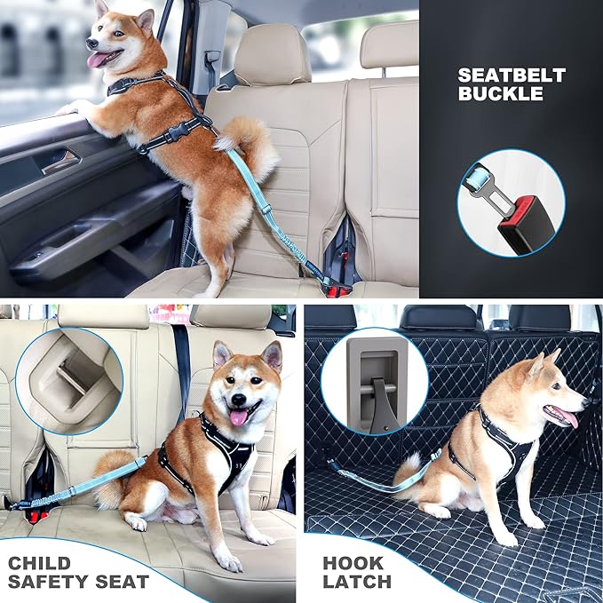 Dog Seat Belt 3-in-1 Car Harness for Dogs Adjustable Safety Seatbelt for Car Nylon Reflective Bungee Fabric Dog Car Harness with Clip Hook Latch & Buckle, Swivel Zinc Alloy Carabiner (Light Blue)-PurrikoPets