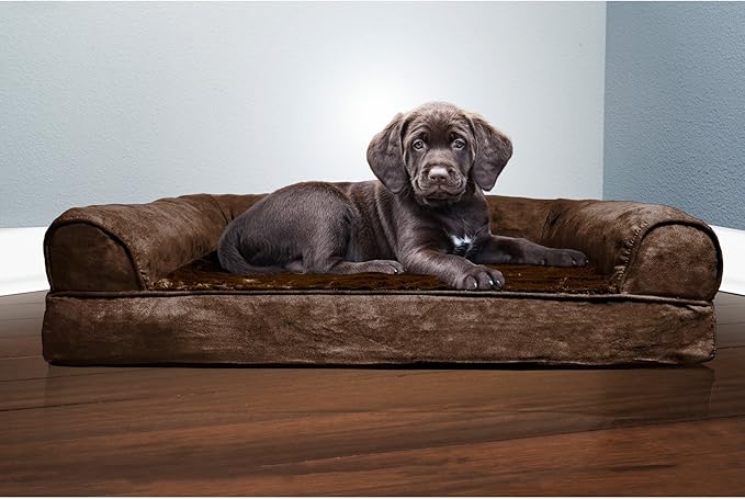Furhaven Orthopedic Dog Bed for Medium/Small Dogs w/ Removable Bolsters & Washable Cover, For Dogs Up to 35 lbs - Plush & Suede Sofa - Espresso, Medium-PurrikoPets