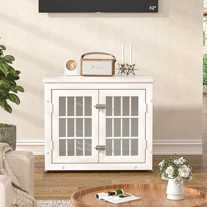 26" Heavy Duty Dog Crate Furniture for Small Dogs, Metal Kennel for High Anxiety Dogs, Chew Proof Pet Cage Indoor, Decorative Kennel End Table, White-PurrikoPets