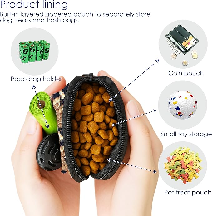 Dog Treat Pouch for Pet Walking and Training with Clicker Poop Bags and Double Bag Design Small Fanny Zipper Pack Holder for Puppy Snack Dispenser Kit for Leash and Outdoor Use Snake Skin-PurrikoPets