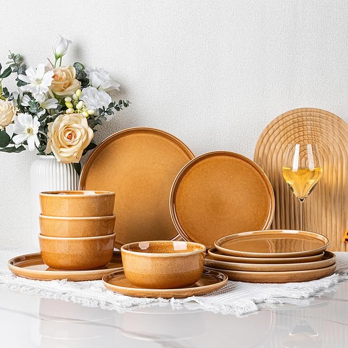 GBHOME Ceramic Dinnerware Sets for 4, 12 Pieces Stoneware Plates and Bowls Sets, Scratch Resistant Dishes, Dishwasher & Microwave Safe, Reactive Glaze-Amber-PurrikoPets