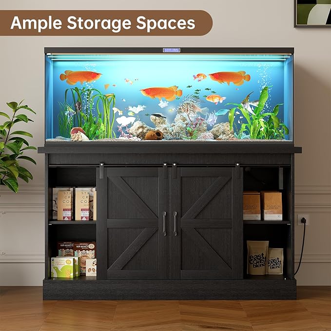 55-75 Gallon Fish Tank Stand with Sliding Barn Doors & Power Outlet, Heavy Duty Aquarium Stand with Cabinet Storage for Fish Tank, Turtle Tank, Reptile Terrarium, 1000LBS Capacity, Black-PurrikoPets