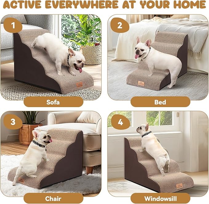 Dog Ramp and Stair for Bed 16" H-20 H,3-Step Cat Stair for Sofa and Chair,4-Step Dog Ramp for High Bed and Window,Durable Nonslip Fabric Cover for Indoor (Coffee-20 H, Pet Friendly, 4)-PurrikoPets