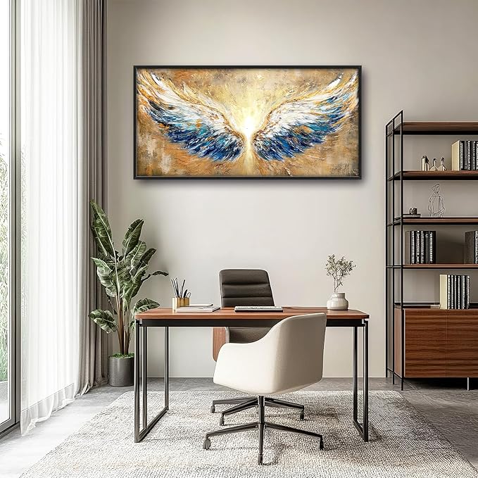 Extra Large Angel Wings Framed Wall Art for Living Room,Oversized Golden Wings Pictures Wall Decor,Holy Gold Blue Canvas Print Painting Modern Artwork Bedroom Office Bathroom 60L" x 30W"-PurrikoPets