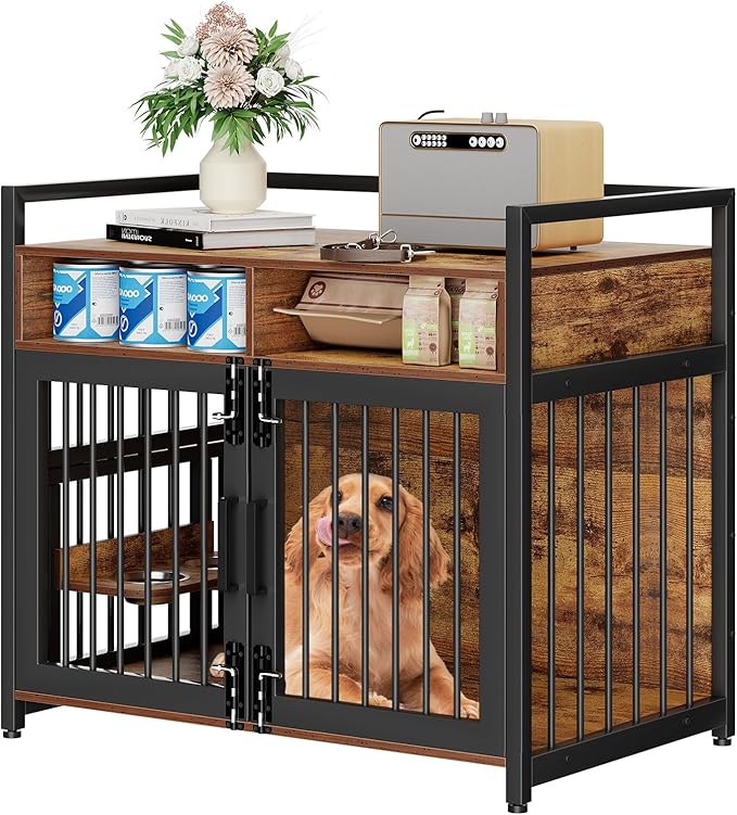 Furniture Style Dog Crate with Storage, 41 Inch Dog Crate Furniture with Double Doors, 2 Stainless Steel Bowls, Dog Crate Furniture-Style Crate for Large/Medium Dog-PurrikoPets