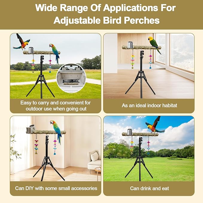 16-63 Inch Height Adjustable Bird Perch Pepper Wood Parrot Training Perch Stand with Feeding Cups and Swing Toy Parakeet Perches Indoor and Outdoor Parrot Stands for Small to Medium Bird-PurrikoPets