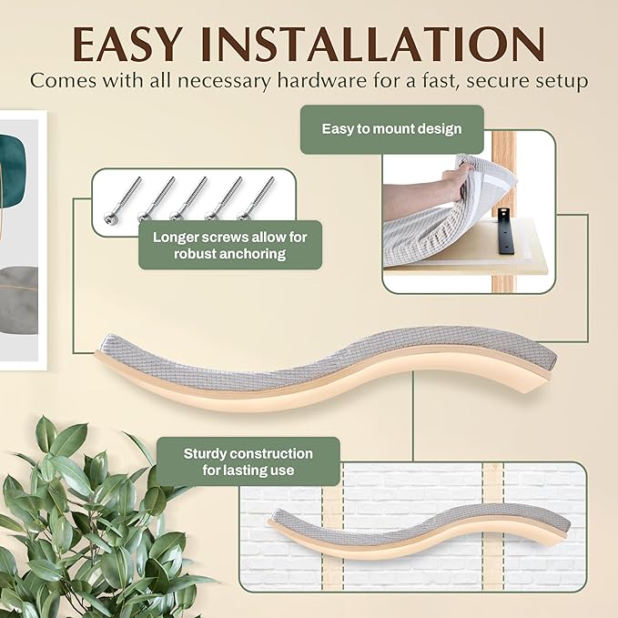 Extra Large 35.4” × 11.6” Stylish Cat Wall Shelves with Soft Cushion, Modern Wall-Mounted Cat Tree Furniture & Perch, Sturdy/Hidden Mounts, Machine Wash Cover, Sleek Design- CALLICO HAVEN Wave S-Shape-PurrikoPets