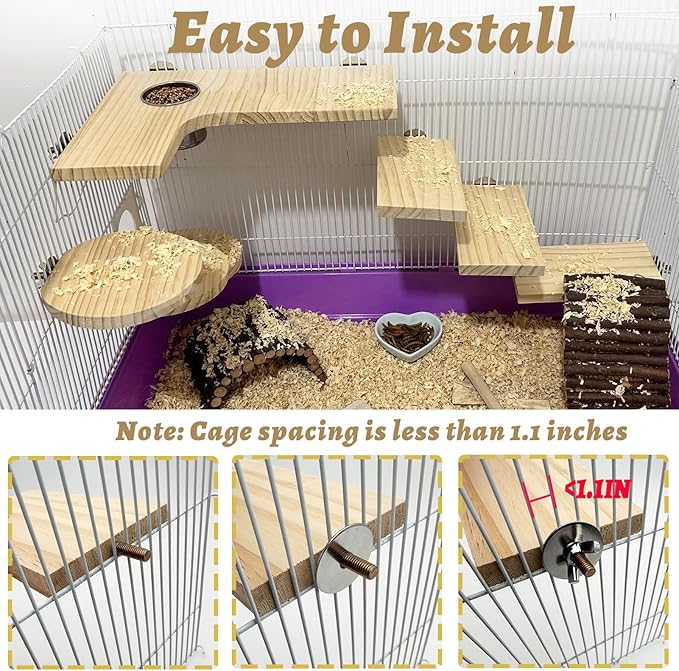 8 Pcs Wooden Hamster Cage Platform Set Wood Juvenile Chinchilla Shelves, Squirrel L-Shape Corner Ledge with Hole Cooling Standing Board Rat Cage Accessories for Gerbil Small Animal Climbing-PurrikoPets