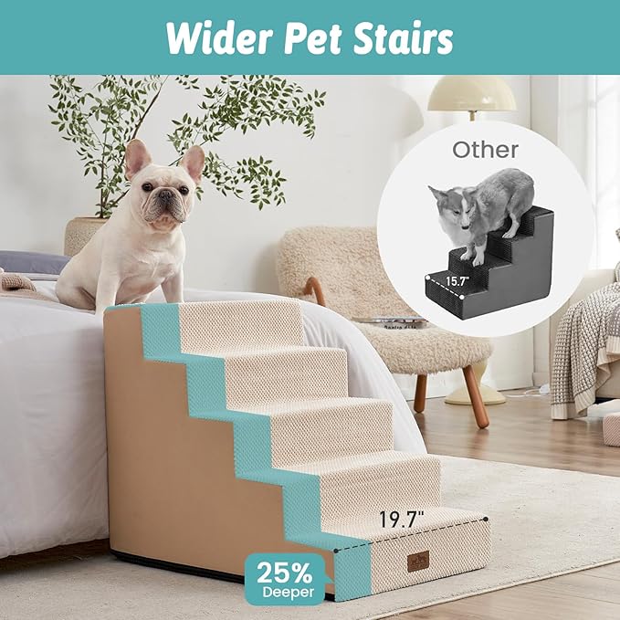 Dog Stairs for Small Dogs, 5 Tier Wider Pet Stairs for High Beds, 23.6" H Non-Slip Dog Steps for Old Cats, Puppies, Small Medium Dogs, 29.5x19.7x23.6 inch, Beige-PurrikoPets