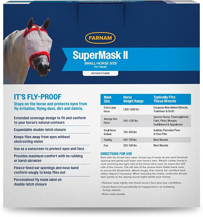 Farnam SuperMask II Fly Mask Without Ears for Smaller Horses or Arabian Horses,Full Face Coverage & Eye Protection from Insect Pests, Structured Classic Mesh with Plush Trim,Small Horse/Arabian Size-PurrikoPets