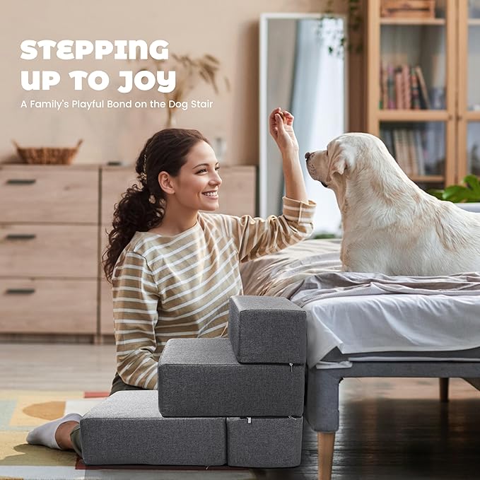 Foldable 18 Inch Wide 3 Step Wide Dog Stairs for Large Dogs, 18 Inch Height Foam Dog Steps for Bed & Couch, Linen Covered Pet Stairs for Dogs to Get on Bed, Outdoor Foam Pet Steps for for Cars & SUV-PurrikoPets