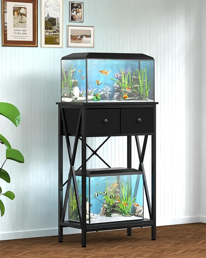 Fish Tank Stand for 5-10 Gallon Fish Tank: Aquarium Stand with Power Outlet - Metal 10 Gallon Tank Stand with Cabinet Drawer Storage for Turtle Tank, Reptile Terrarium (Black, 220LBS Capacity)-PurrikoPets