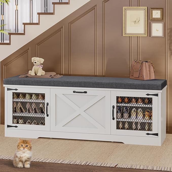 Farmhouse Storage Bench with Flip Drawers & Padded Seat Cushion, Half Hidden Shoe Rack Organizer, Adjustable Shelf Shoe Cabinet for Large Family, Entryway, Bedroom, Living Room (White)-PurrikoPets