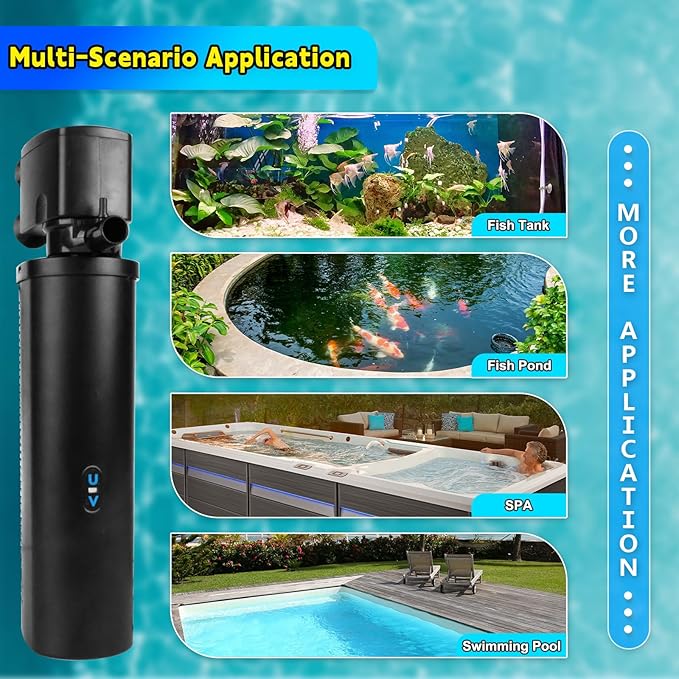 600GPH UV Aquarium Filter for 75-300 Gal Tank, Large Fish Turtle Tank Green Water Clean Machine Submersible Canister Filter Powerful Pump Pond Filter for Saltwater Freshwater Crystal Green Killing-PurrikoPets